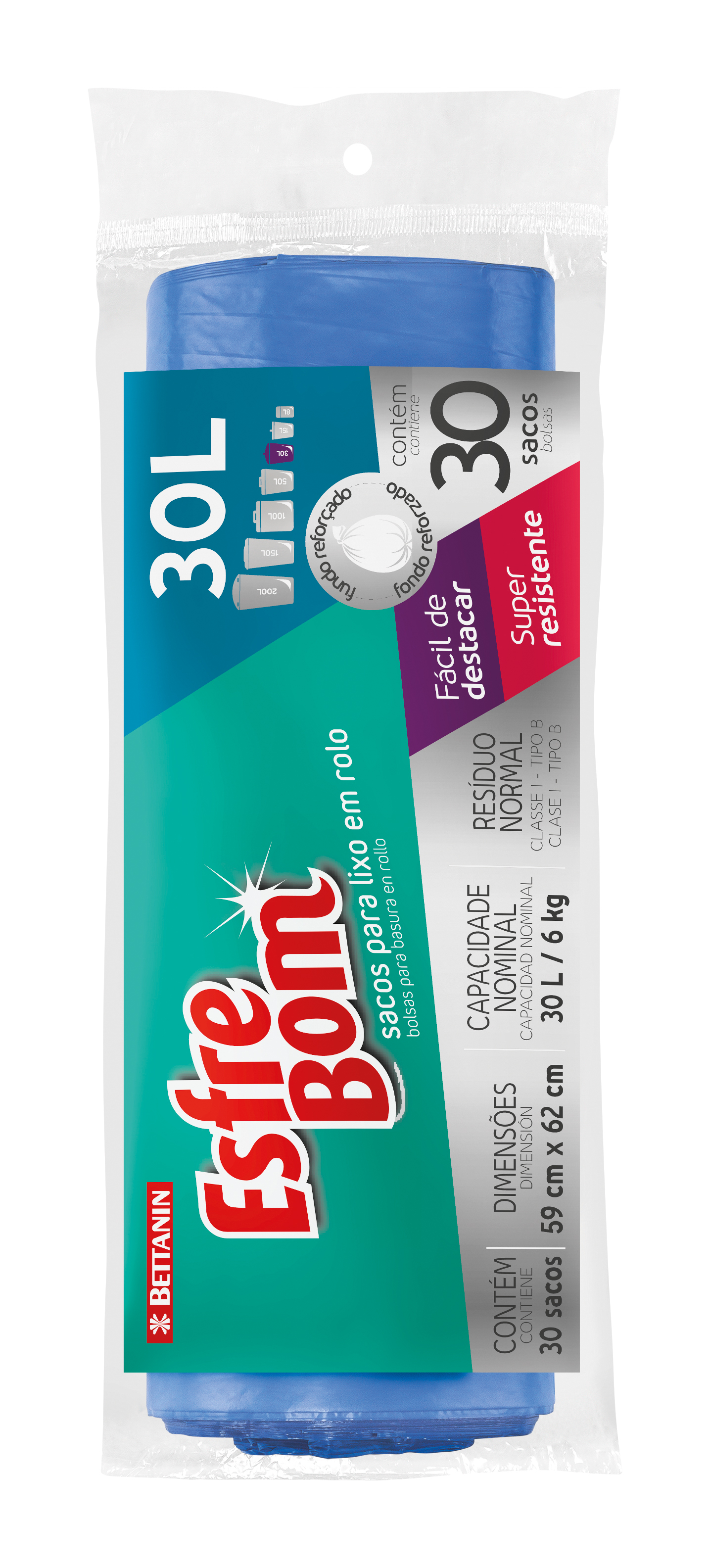 SACO PARA LIXO EM ROLO ESFREBOM AZUL 30LT 30 SACOS