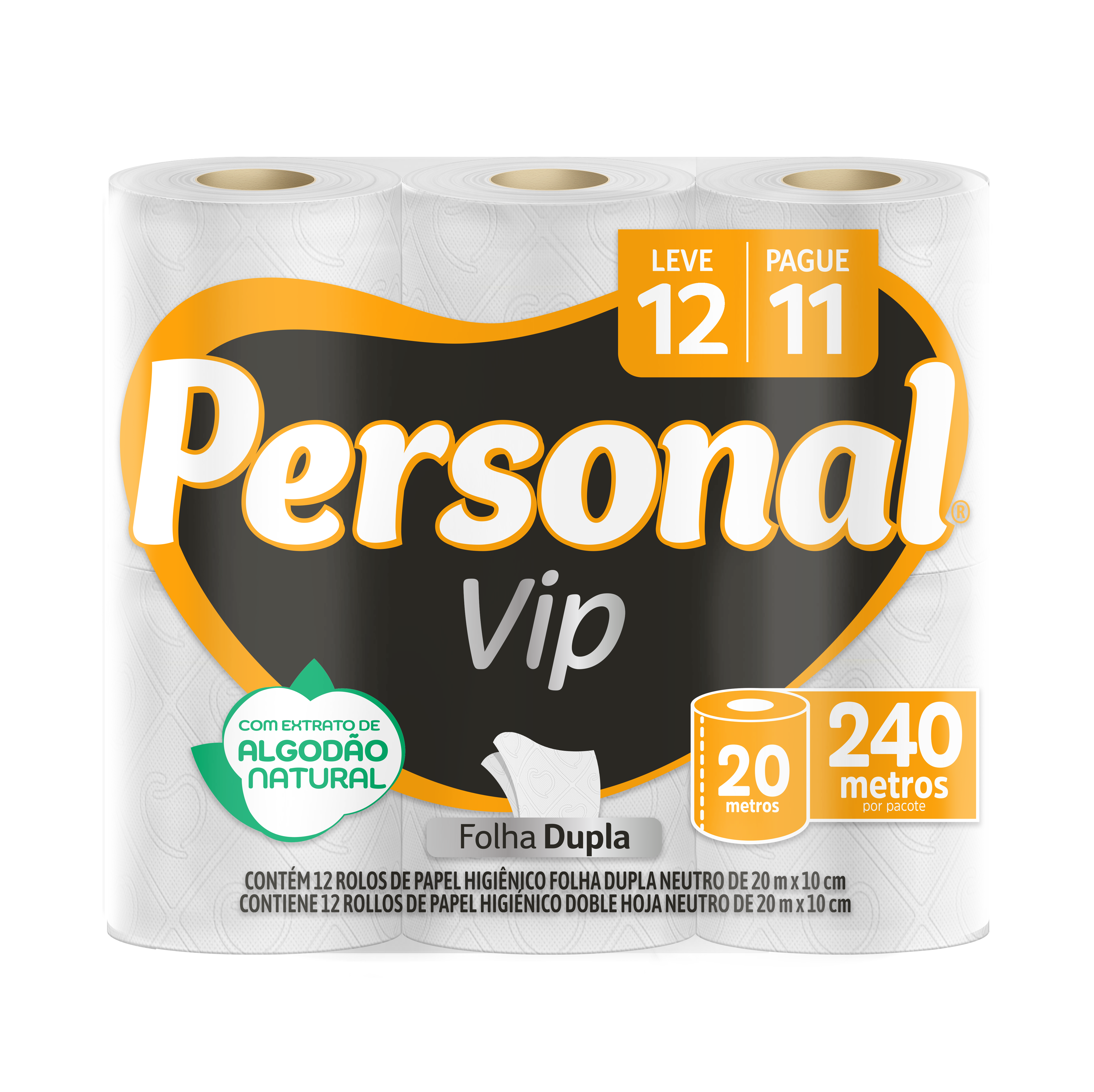 PAPEL HIGIÊNICO PERSONAL FOLHA DUPLA NEUTRO VIP PACOTE LEVE 12 PAGUE 11 UNIDADES 20M