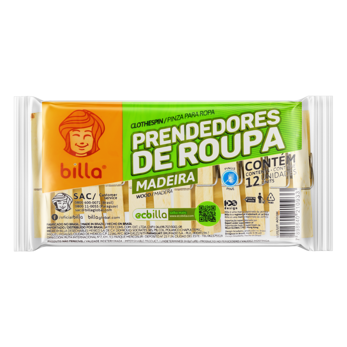 *PRENDEDOR DE ROUPA BILLA COM 12 UNI MAD