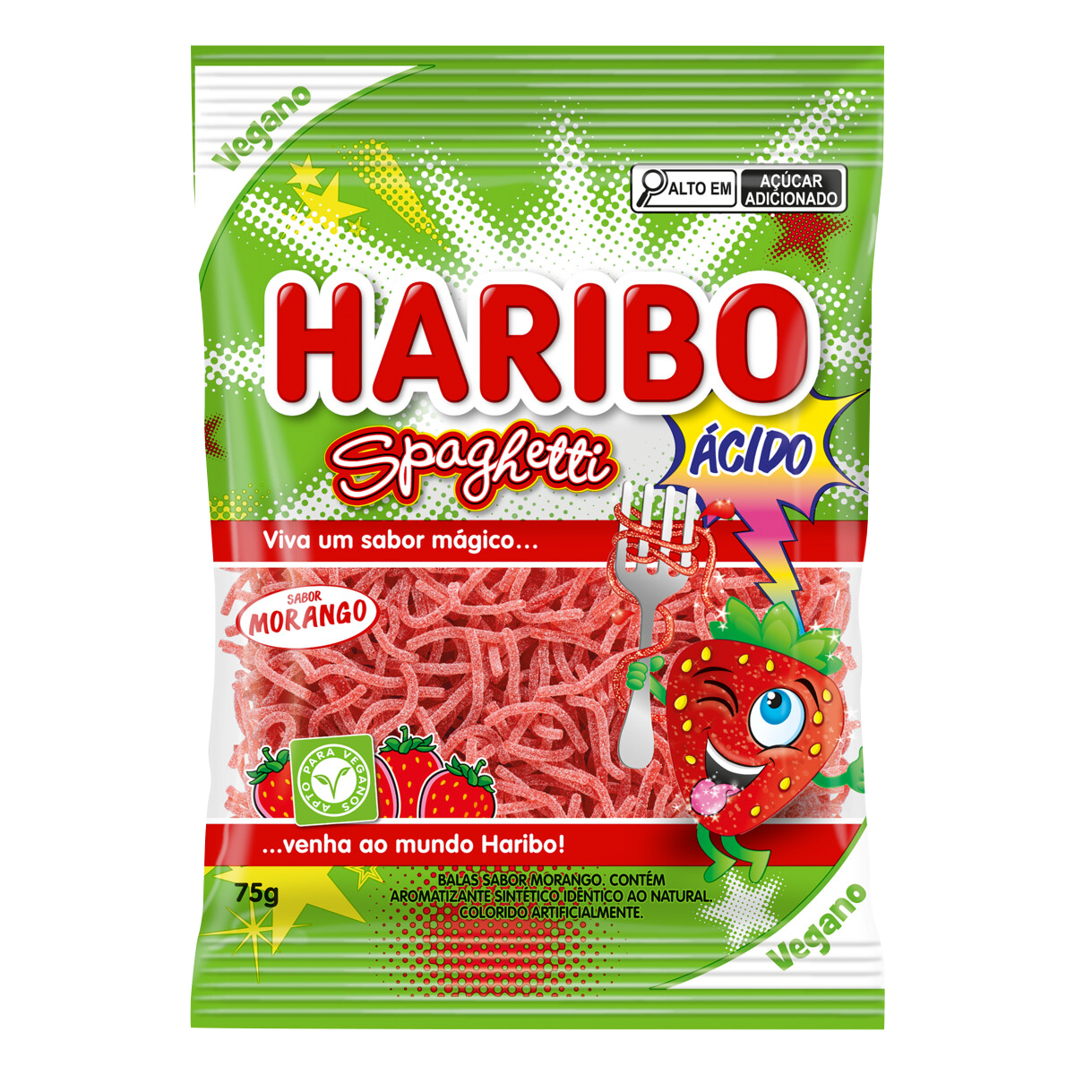 BALA SPAGHETTI 75GR HARIBO MORANGO ACIDO
