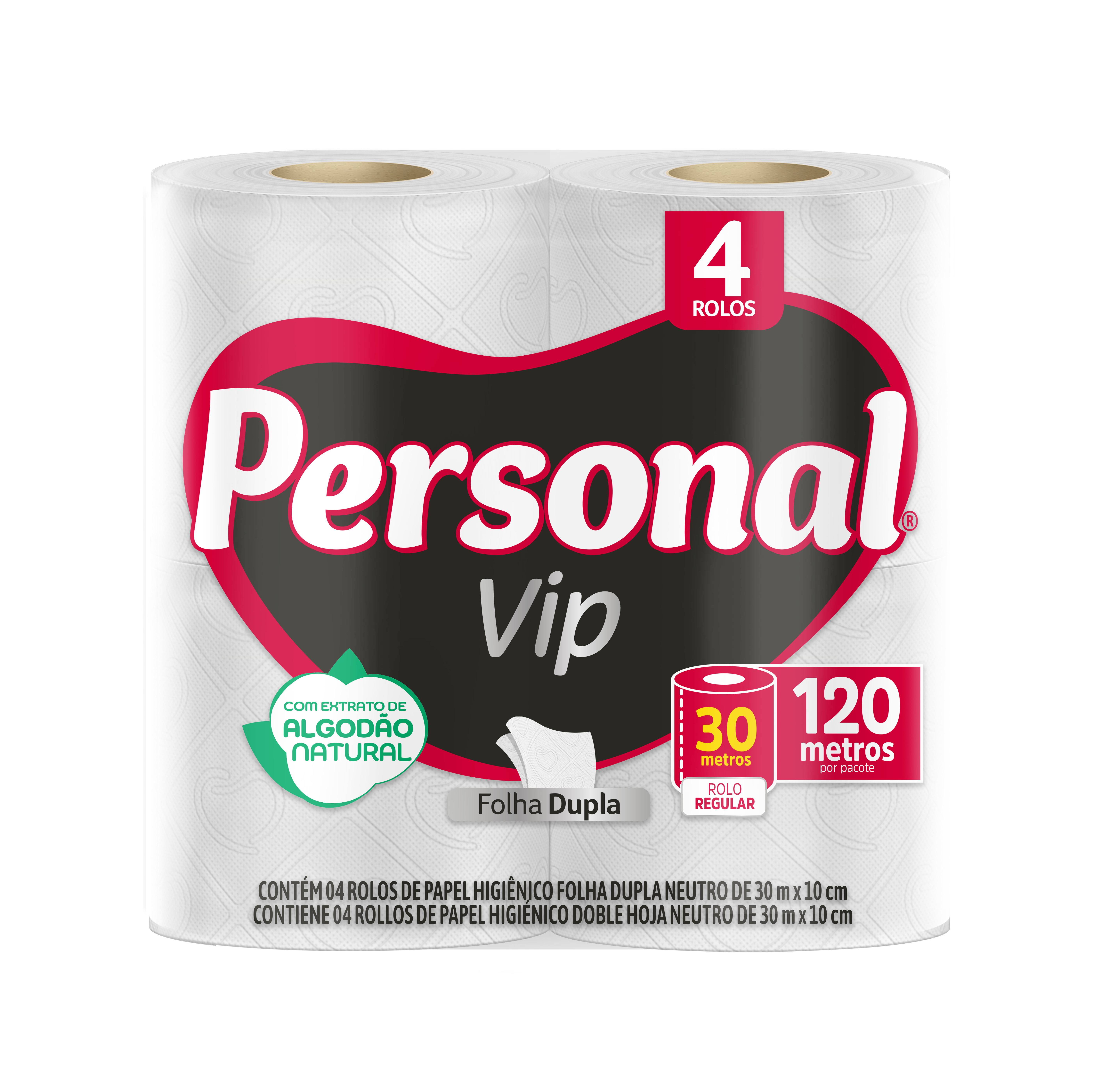 PAPEL HIGIÊNICO PERSONAL FOLHA DUPLA NEUTRO VIP PACOTE 4 UNIDADES 30M