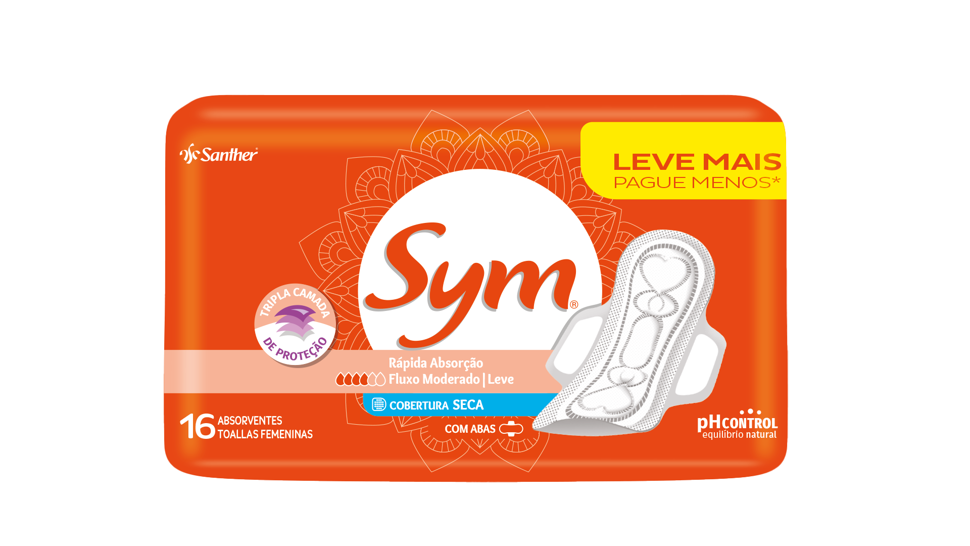 ABSORVENTE SYM REGULAR SECA COM ABAS PROMOCIONAL 30X16PADS