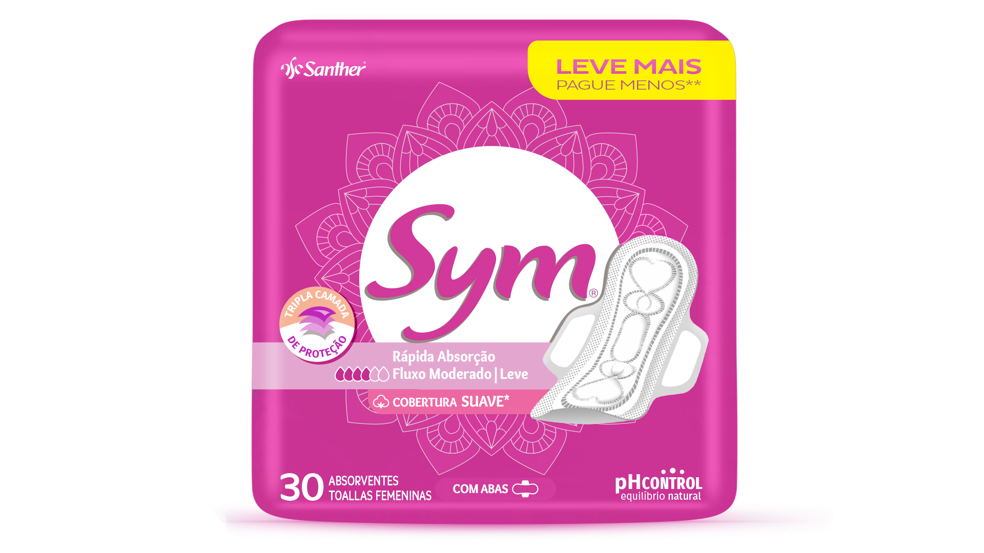 ABSORVENTE SYM TOTAL PROTECT SUAVE COM ABAS LEVE MAIS PAGUE MENOS PACOTE 30 UNIDADES