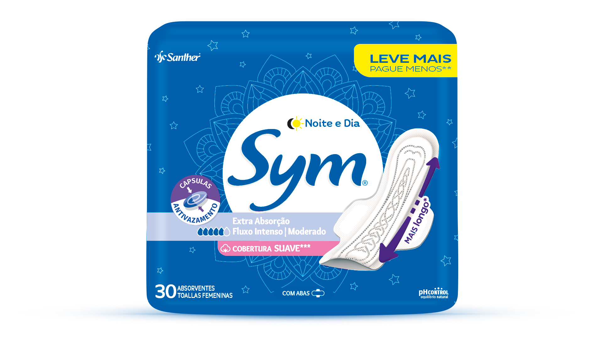 ABSORVENTE SYM NOITE E DIA TOTAL PROTECT SUAVE COM ABAS PACOTE LEVE MAIS PAGUE MENOS 30 UNIDADES