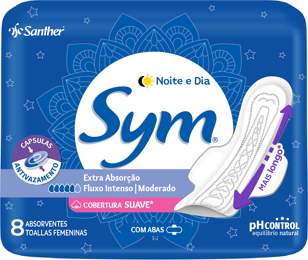 ABSORVENTE SYM NOITE E DIA TOTAL PROTECT SUAVE COM ABAS PACOTE 8 UNIDADES