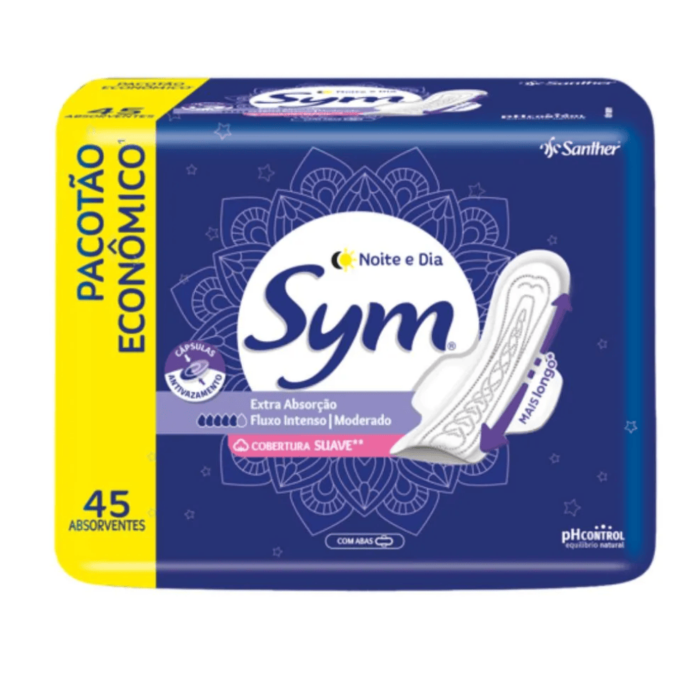 ABSORVENTE SYM NOITE & DIA SUAVE COM ABAS 45 UNIDADES