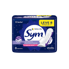 ABSORVENTE SYM NOITE E DIA TOTAL PROTECT COM ABAS SUAVE PACOTE LEVE 8 PAGUE 7 UNIDADES