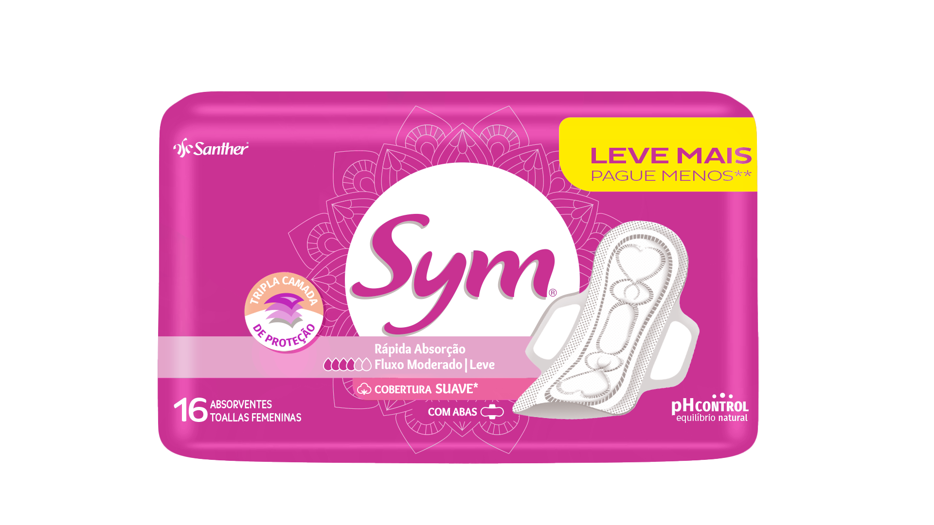 ABSORVENTE SYM TOTAL PROTECT SUAVE COM ABAS LEVE MAIS PAGUE MENOS PACOTE 16 UNIDADES