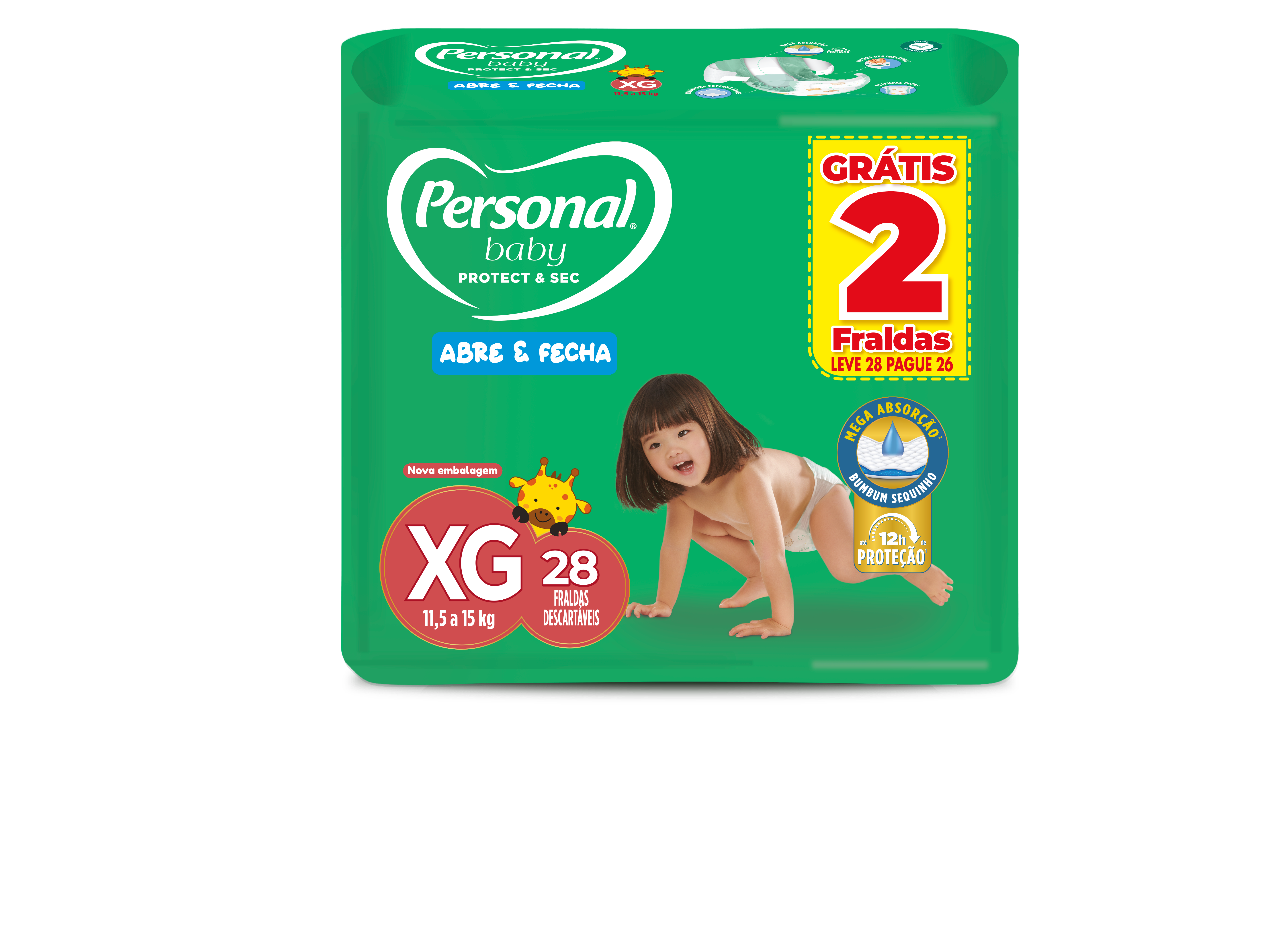 FRALDA DESCARTAVEL PERSONAL BABY PROTECT & SEC XG PACOTE LEVE 28 PAGUE 26 UNIDADES